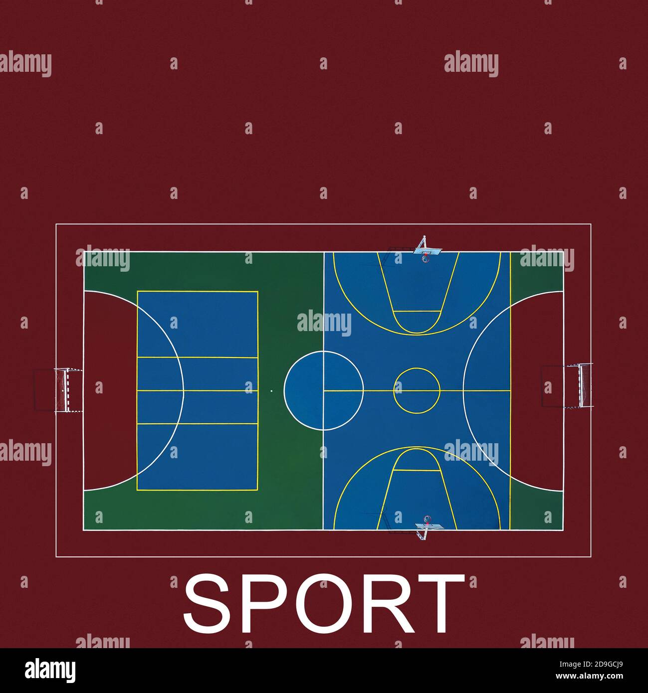 Terreno deportivo universal, vista aérea. Deportes de juego voleibol,  fútbol, baloncesto, bádminton, tenis en un solo lugar Fotografía de stock -  Alamy