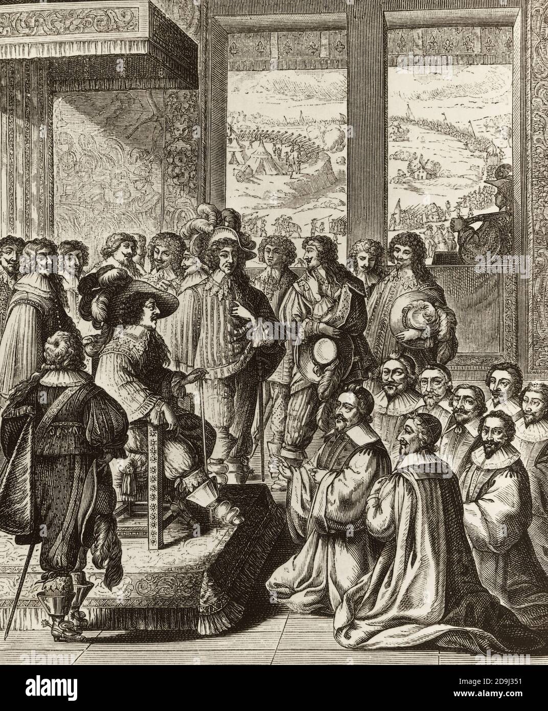 Luis XIII, sentado en un trono, rodeado de nobles, recibe el prévot des marchand y los echevins de París después de la captura de la Rochelle - Foto de stock