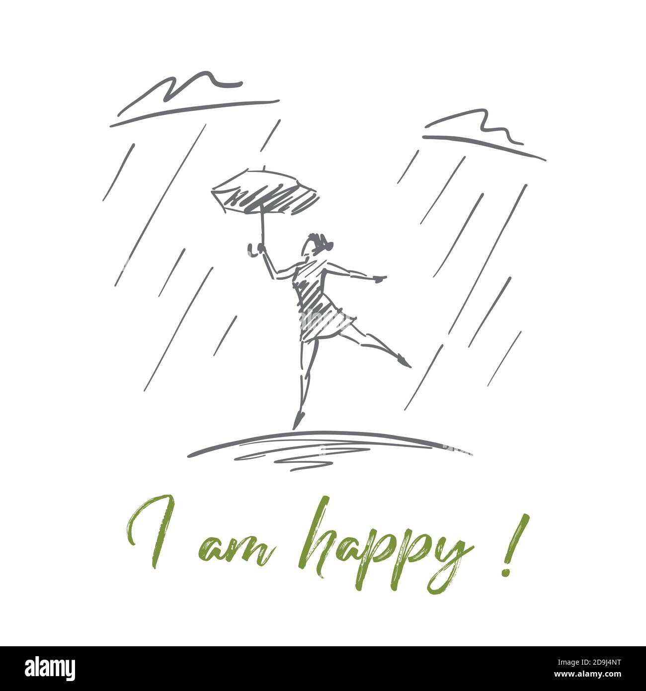 Vector dibujado a mano Estoy feliz idea inspiradora bosquejo. Señorita sosteniendo paraguas y bailando solo bajo la lluvia intensa. Estoy feliz Ilustración del Vector