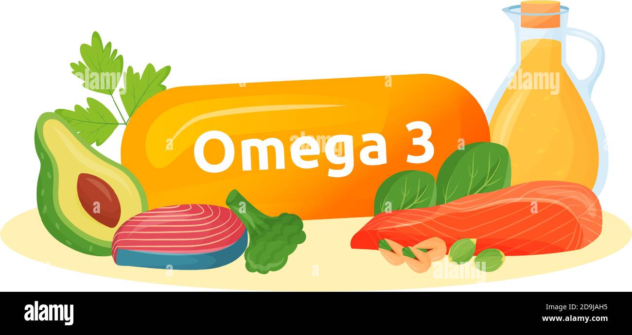 Omega 3 fuentes de alimentos dibujos animados vector ilustración Imagen