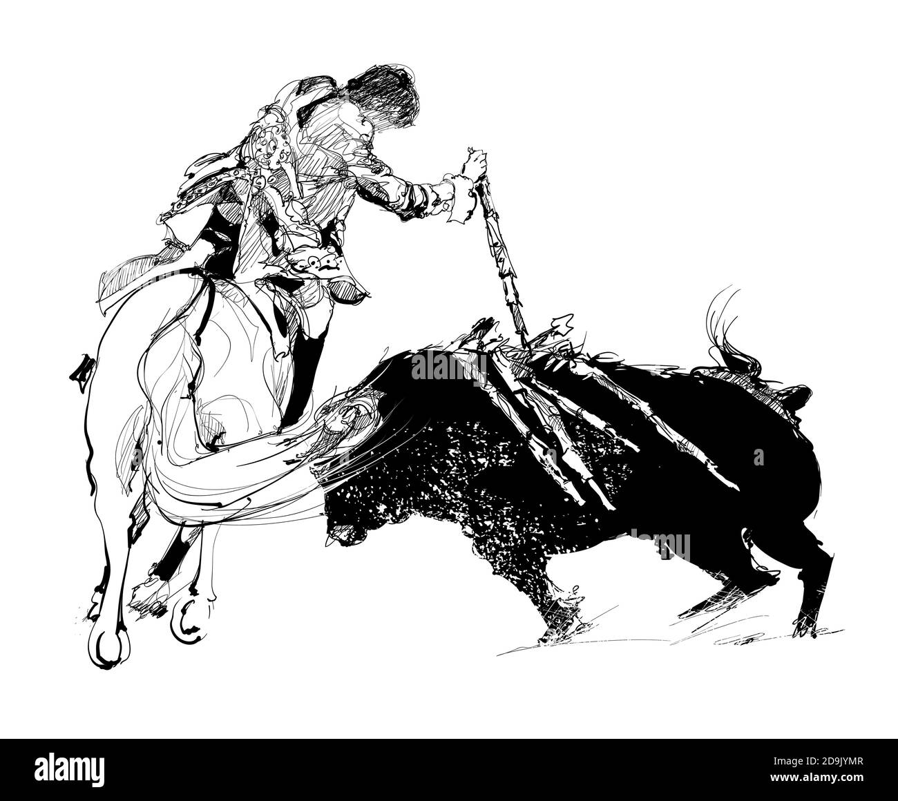 Bullfighter a caballo con toro durante corrida en Portugal - ilustración vectorial (Ideal para imprimir en tela o papel, póster o papel pintado, casa dec Ilustración del Vector