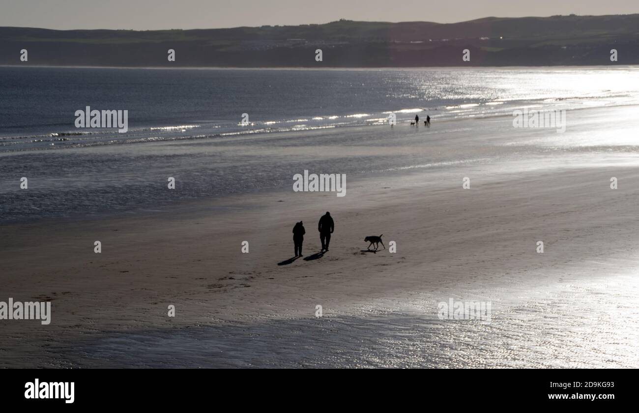 Filey playa en noviembre, caninos caminantes Foto de stock