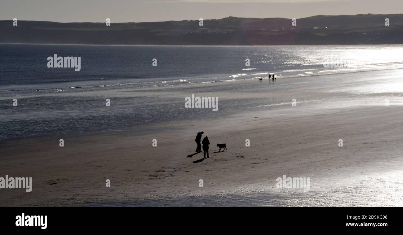 Filey playa canino caminantes en noviembre Foto de stock