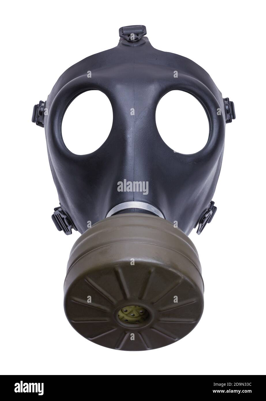 Vista frontal de la máscara de gas cortada en blanco. Foto de stock