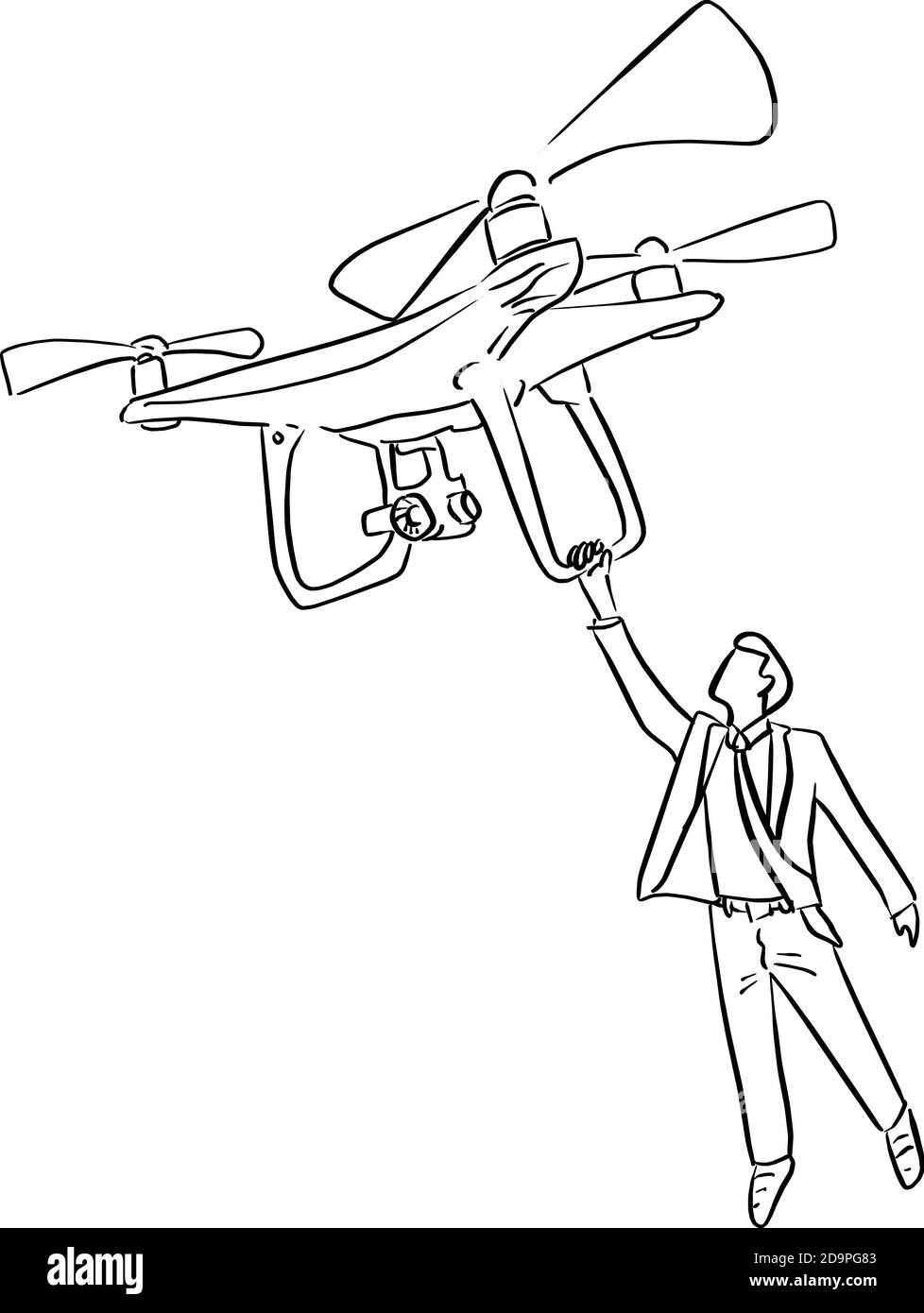 hombre de negocios sosteniendo un drone grande en el croquis de la ilustración del vector aéreo fideos dibujados a mano con líneas negras aisladas sobre fondo blanco Ilustración del Vector