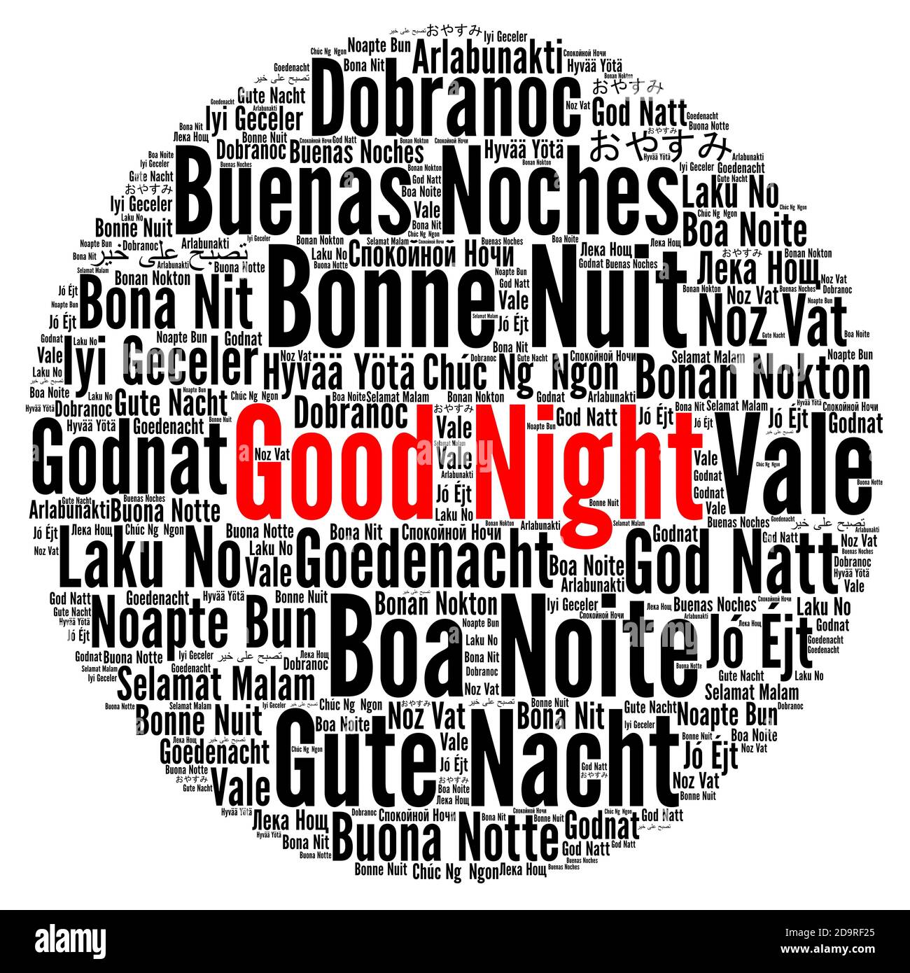 Buena noche palabra cloud en diferentes idiomas Fotografía de stock - Alamy