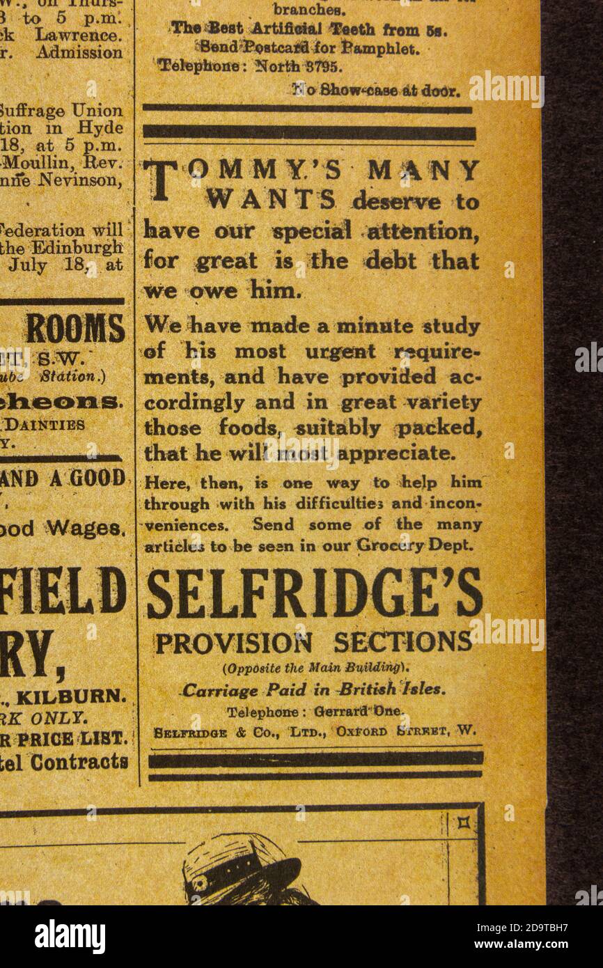 Anuncio de Selfridges Provision Sections, revista 'Votes for Women', 16 de julio de 1915: Réplica de recuerdos del Movimiento Suffragettes, Reino Unido. Foto de stock