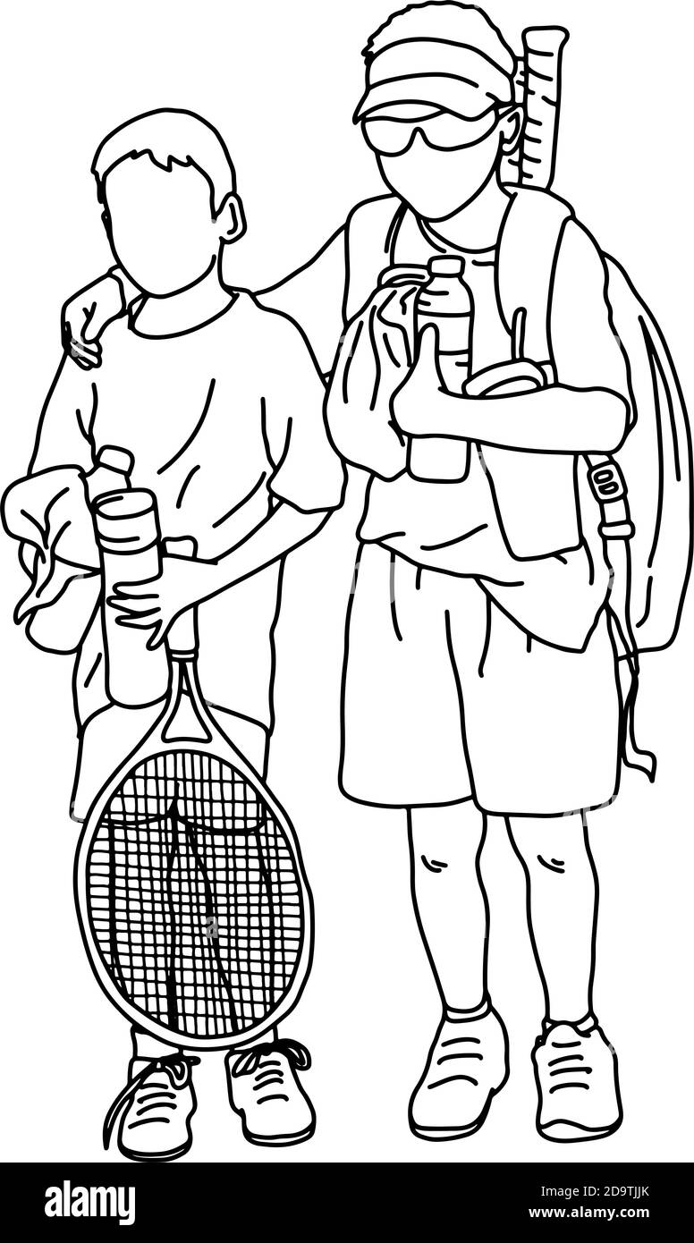 dos niños felices posando con raquetas de tenis dibujo vectorial fideos  dibujados a mano con líneas negras aisladas sobre fondo blanco Imagen  Vector de stock - Alamy