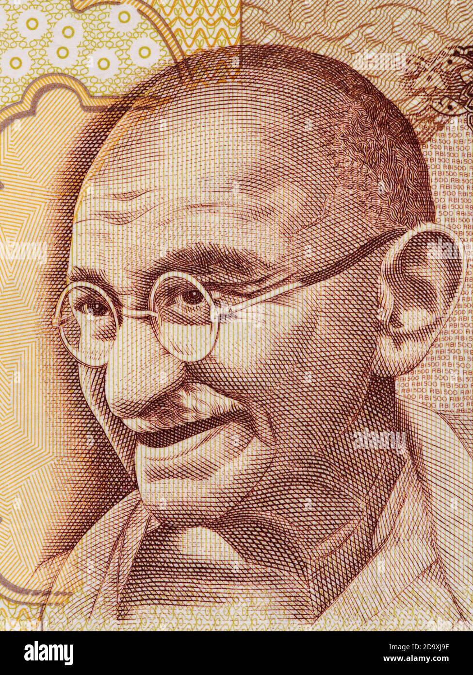 Mahatma Gandhi retrato en la india 500 rupia billete macro, India dinero cierre Foto de stock