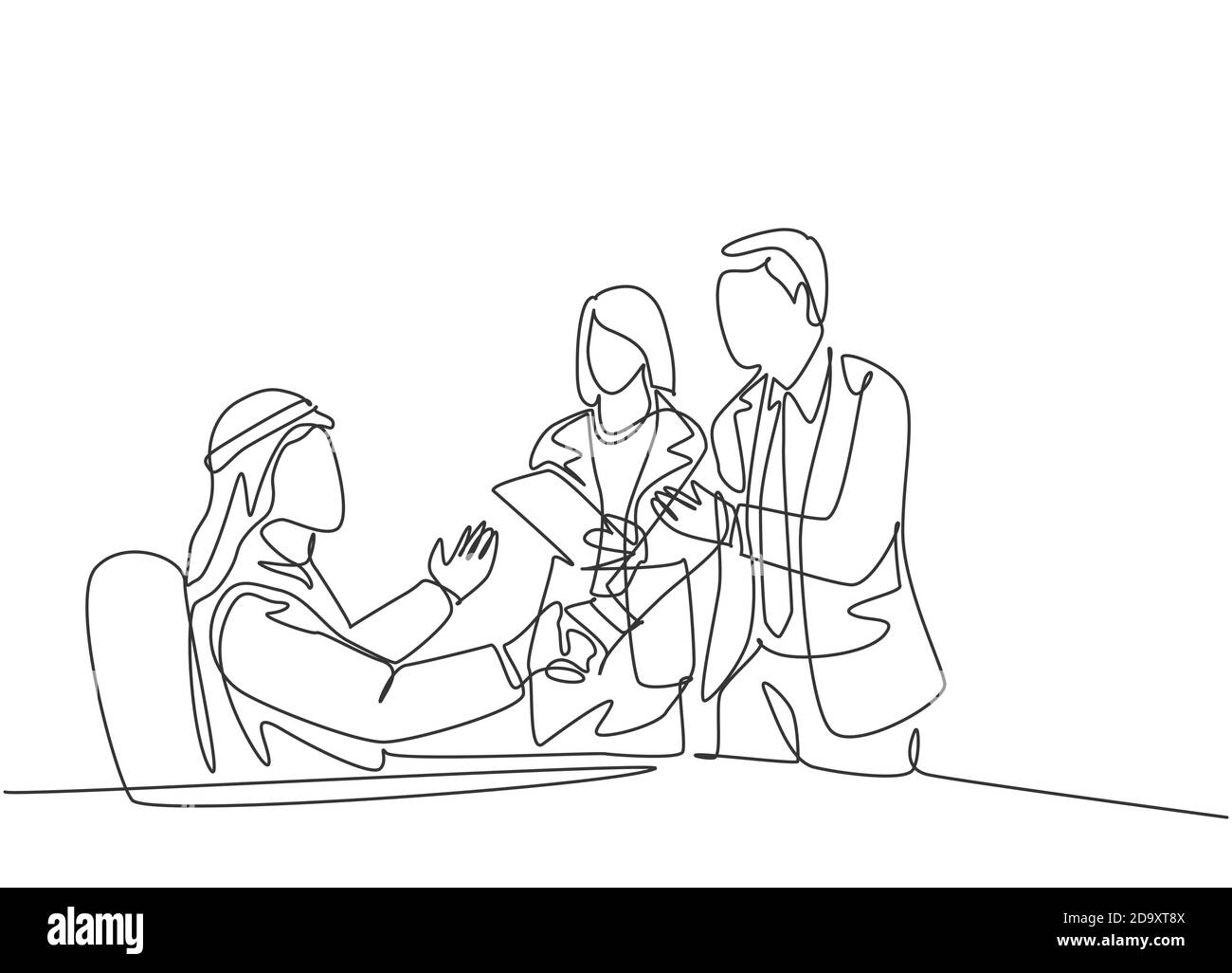 Un dibujo continuo del apretón de manos del joven director musulmán para felicitar al nuevo Un dibujo continuo del apretón de manos del joven director musulmán para felicitar al nuevo