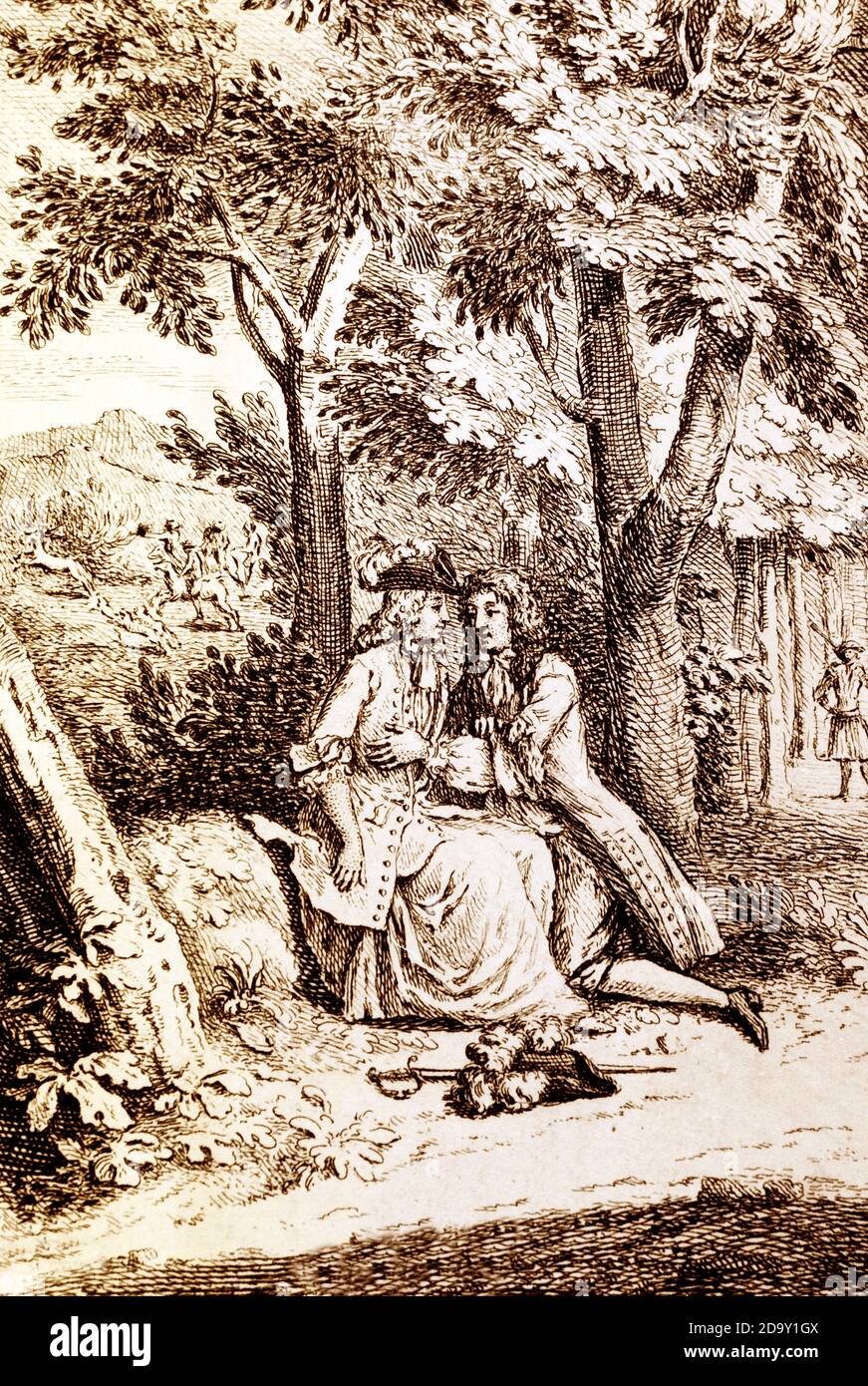 Encuentro entre Luis XIV y la duquesa de Fontange. Louis XIV, rey de Francia, y Marie Angélique de Scoraille de Roussille, duquesa de Fontanges, Foto de stock