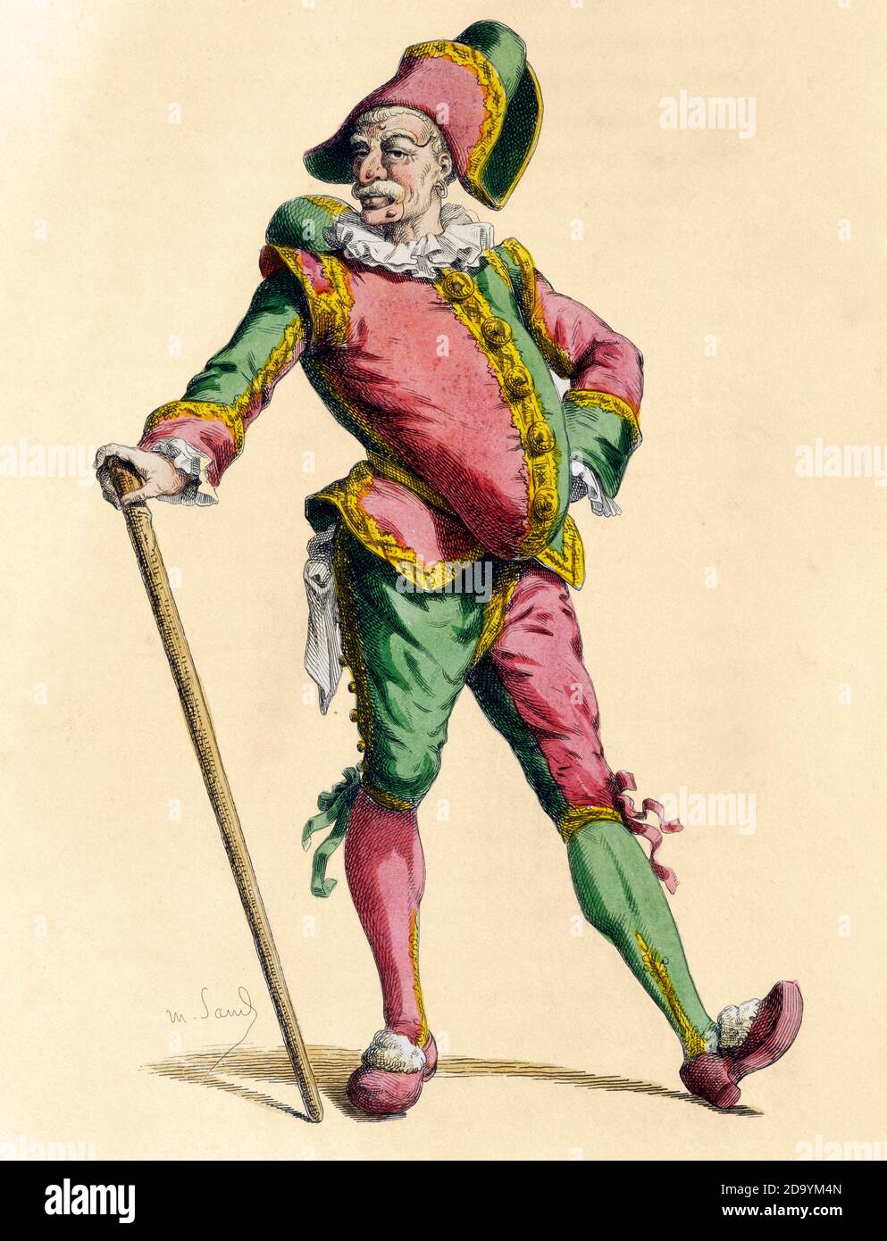 Polichinelle - dibujo de Maurice Sand, publicado en 1860. Personaje de arte de Commedia dell Foto de stock