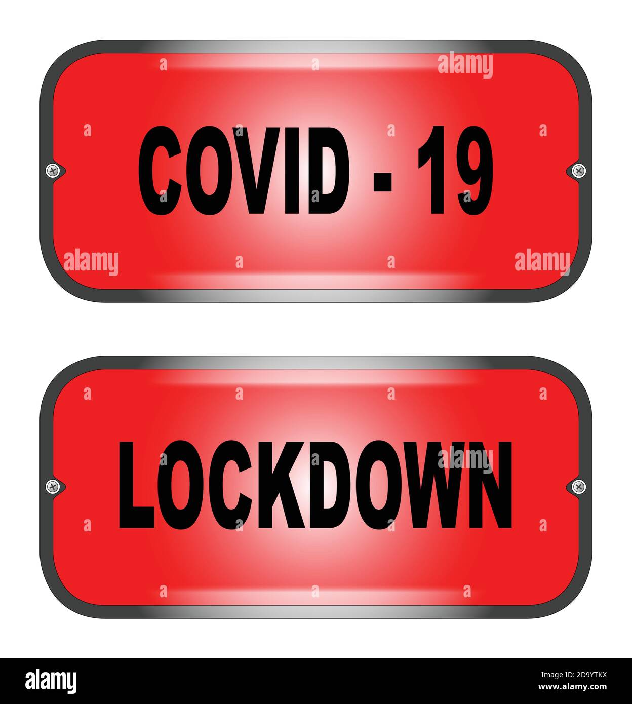 Dos luces de advertencia que reclaman Cobid 19 y Lockdown en un fondo blanco Ilustración del Vector