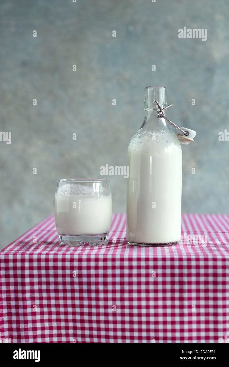 Kefir en una botella y vidrio en un rojo chequeado mantel Foto de stock