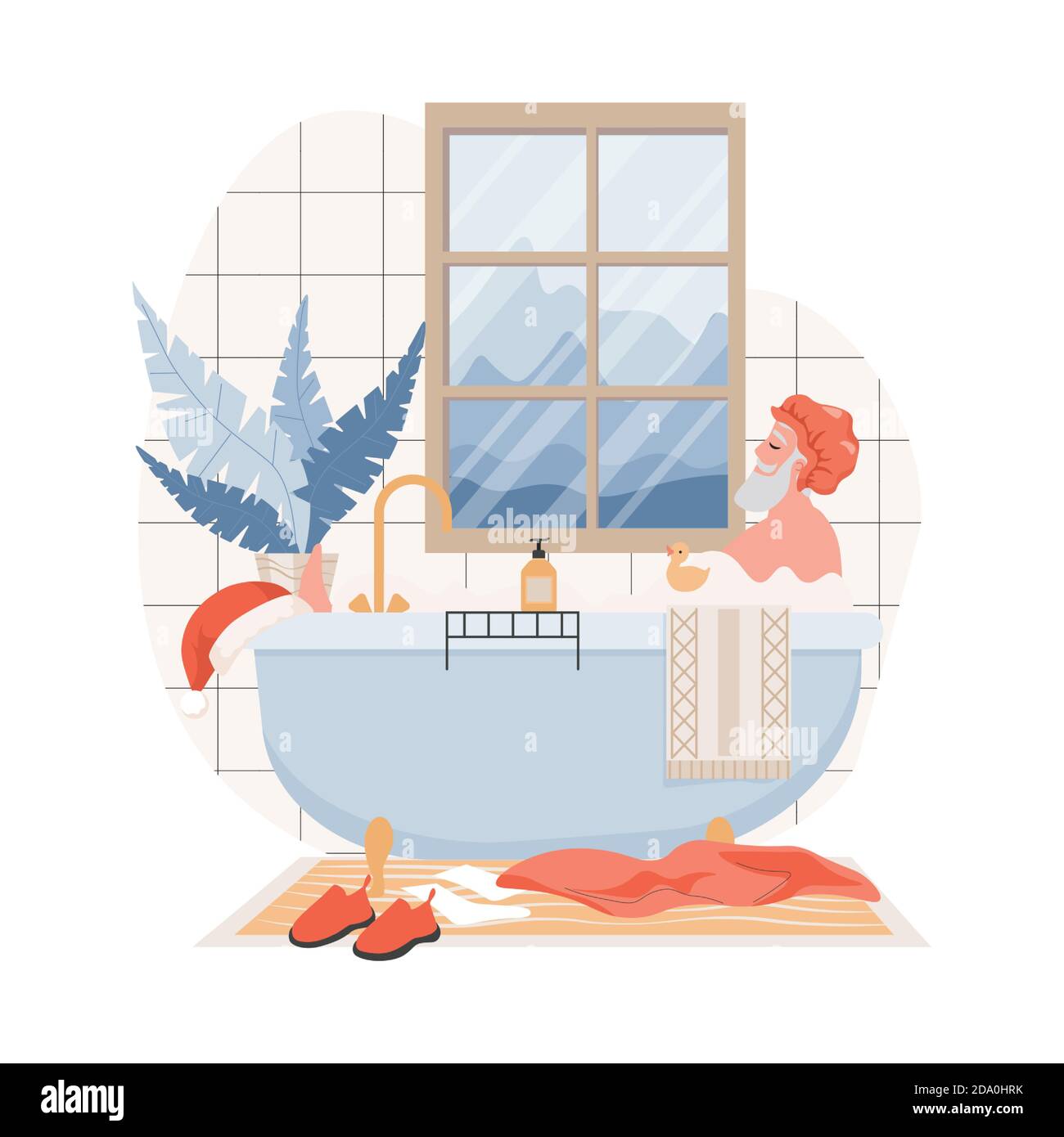 Calma y relajante Santa Claus en la gorra de ducha tomando un baño en el  baño vector plano ilustración. Papá Noel tomando un descanso. Divertido  elemento de Navidad y año Nuevo para