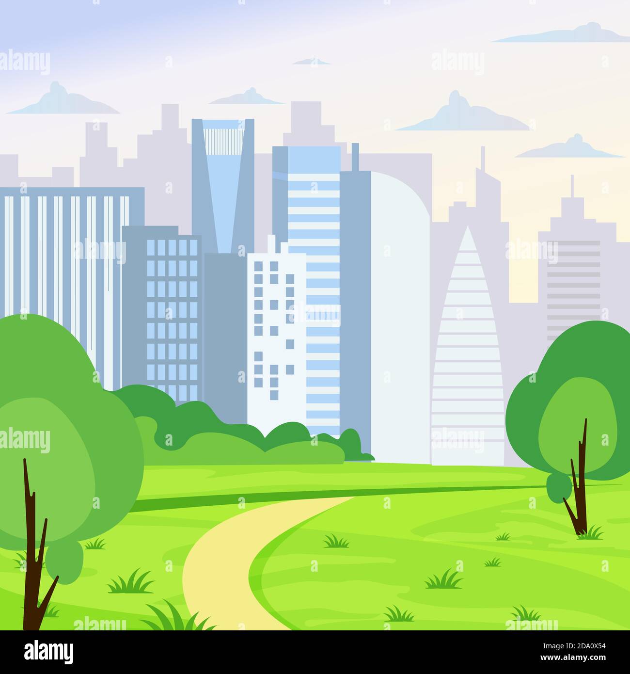 Ilustración vectorial del paisaje verde del parque sobre fondo de la gran ciudad de negocios en el estilo de dibujos animados planos Imagen Vector de stock - Alamy Ilustración vectorial del paisaje verde del parque sobre fondo de la gran ciudad de negocios en el estilo de dibujos animados planos Imagen Vector de stock - Alamy
