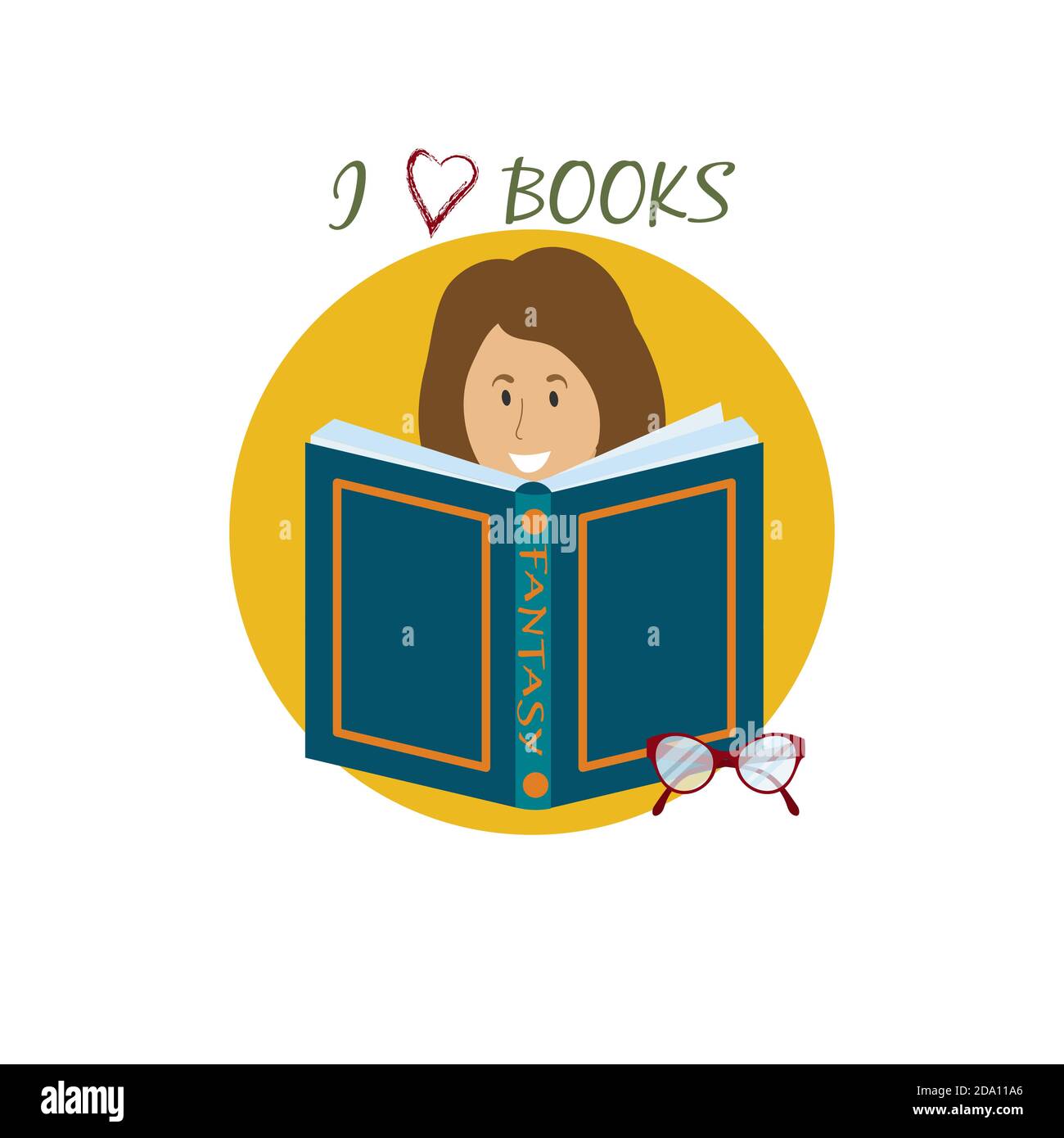 Libro abierto, gafas y mujer leyendo, la frase que amo los libros. Conocimiento, educación, concepto de estudio. Ilustración vectorial plana. Ilustración del Vector