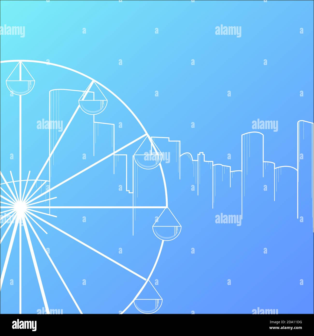 Moderna ciudad horizonte fondo plano estilo vector ilustración. Edificios paisaje urbano con noria. Ilustración del Vector