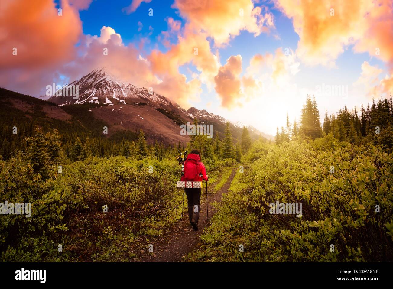 Excursionistas mochileros mujeres en las Rocosas canadienses Foto de stock