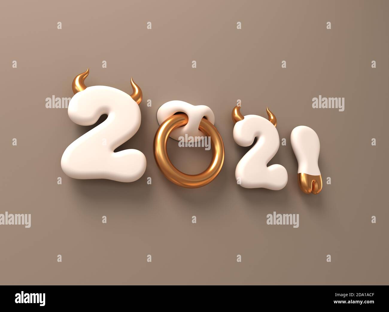 2021 con números blancos como cuernos de Toro, Hoof y Nose Ring sobre fondo marrón. Concepto de año Nuevo Chino del Ox. Foto de stock