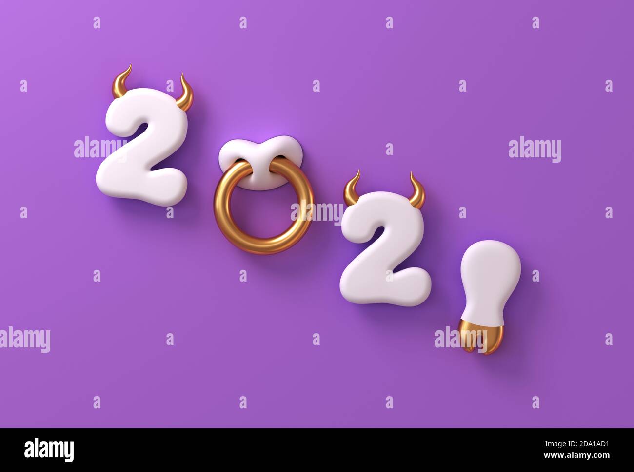 2021 con números blancos como cuernos de Toro, Hoof y Nose Ring sobre fondo púrpura. Concepto de año Nuevo Chino del Ox. Foto de stock