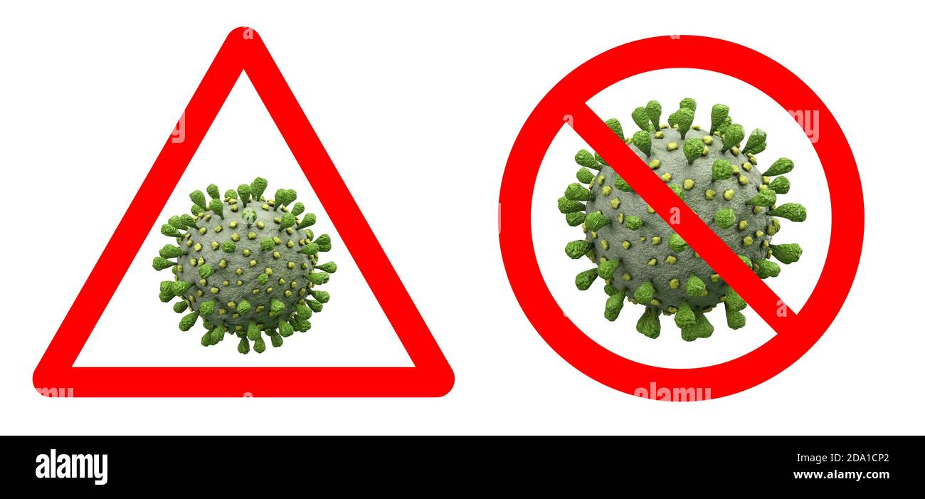 Signo de advertencia de infección por virus símbolo de brote de corona Foto de stock