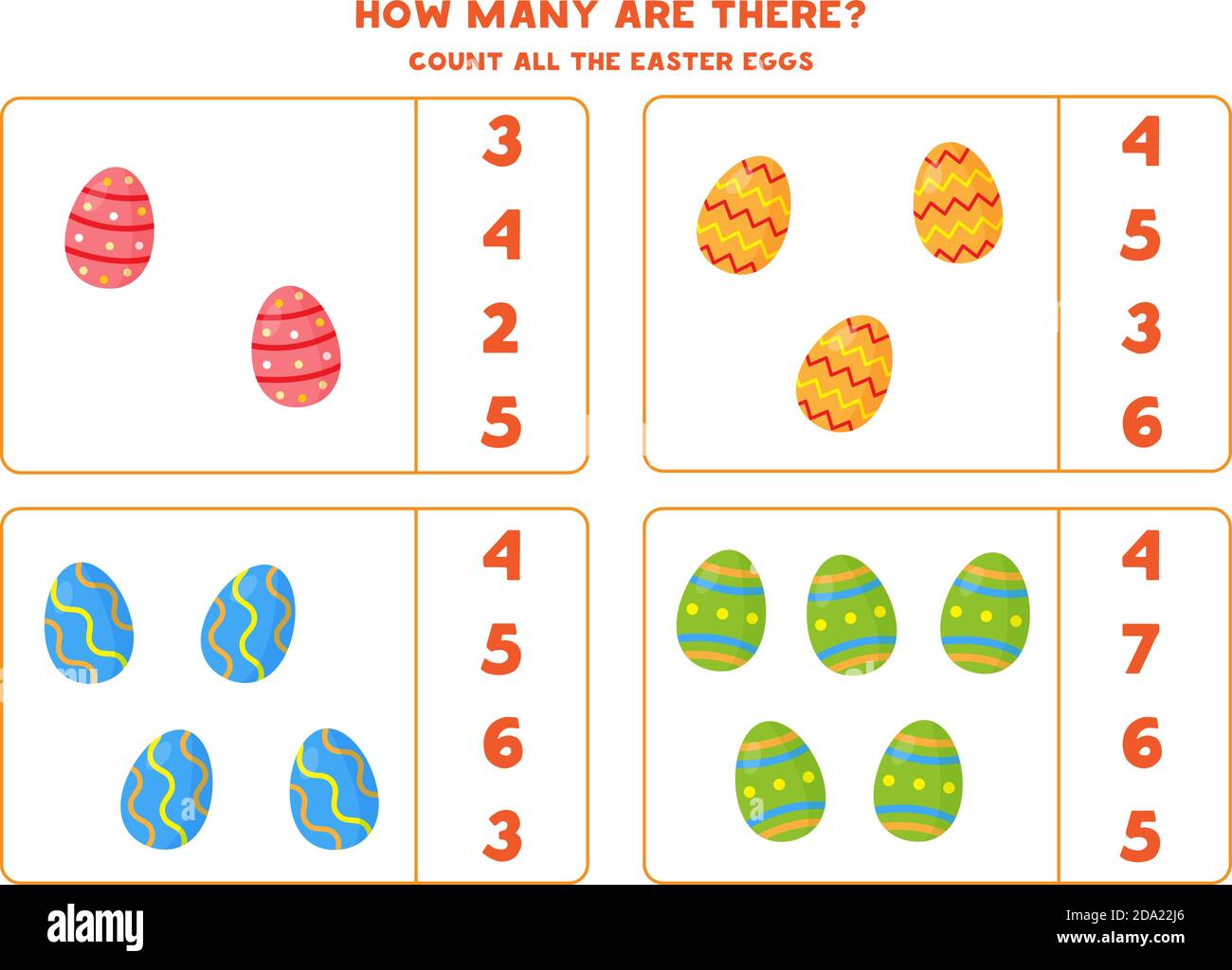 Juego de recuento con dibujos animados huevos de Pascua. Hoja de cálculo de  matemáticas Imagen Vector de stock - Alamy