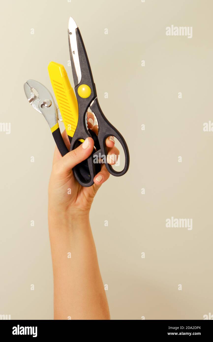 Tijeras, alicates y un cuchillo para cortar papel a mano sobre fondo  blanco. Herramientas de construcción a lo largo del brazo Fotografía de  stock - Alamy