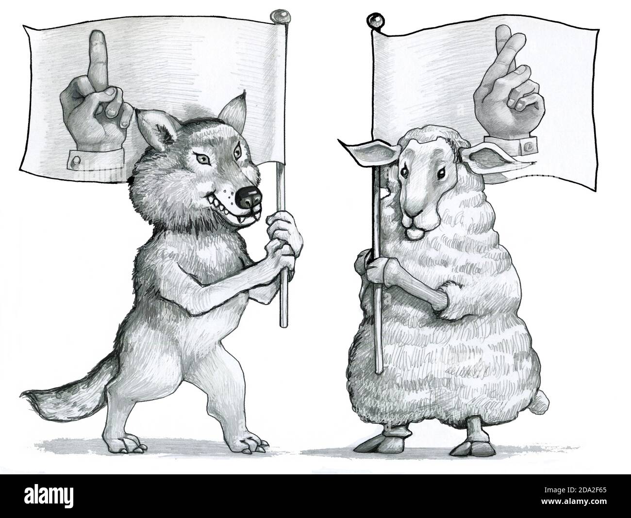 wolf tiene una bandera con una mano dibujada con el medio símbolo elevado de arrogancia con el que el barco tiene una bandera superstitiuly dedos cruzados símbolo de mansedumbre Foto de stock