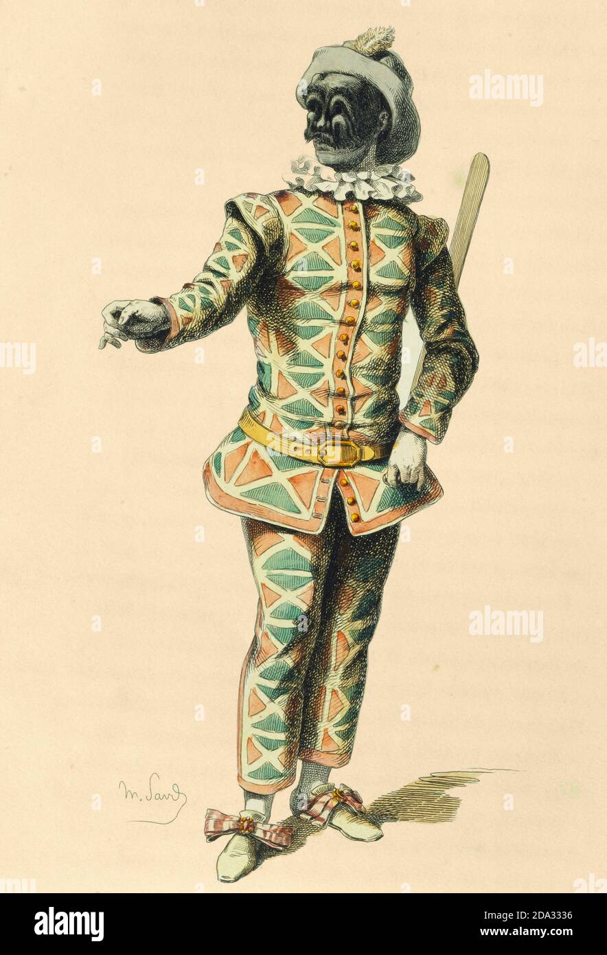 Harlequin - dibujo de Maurice Sand, publicado en 1860. Personaje de arte de Commedia dell Foto de stock
