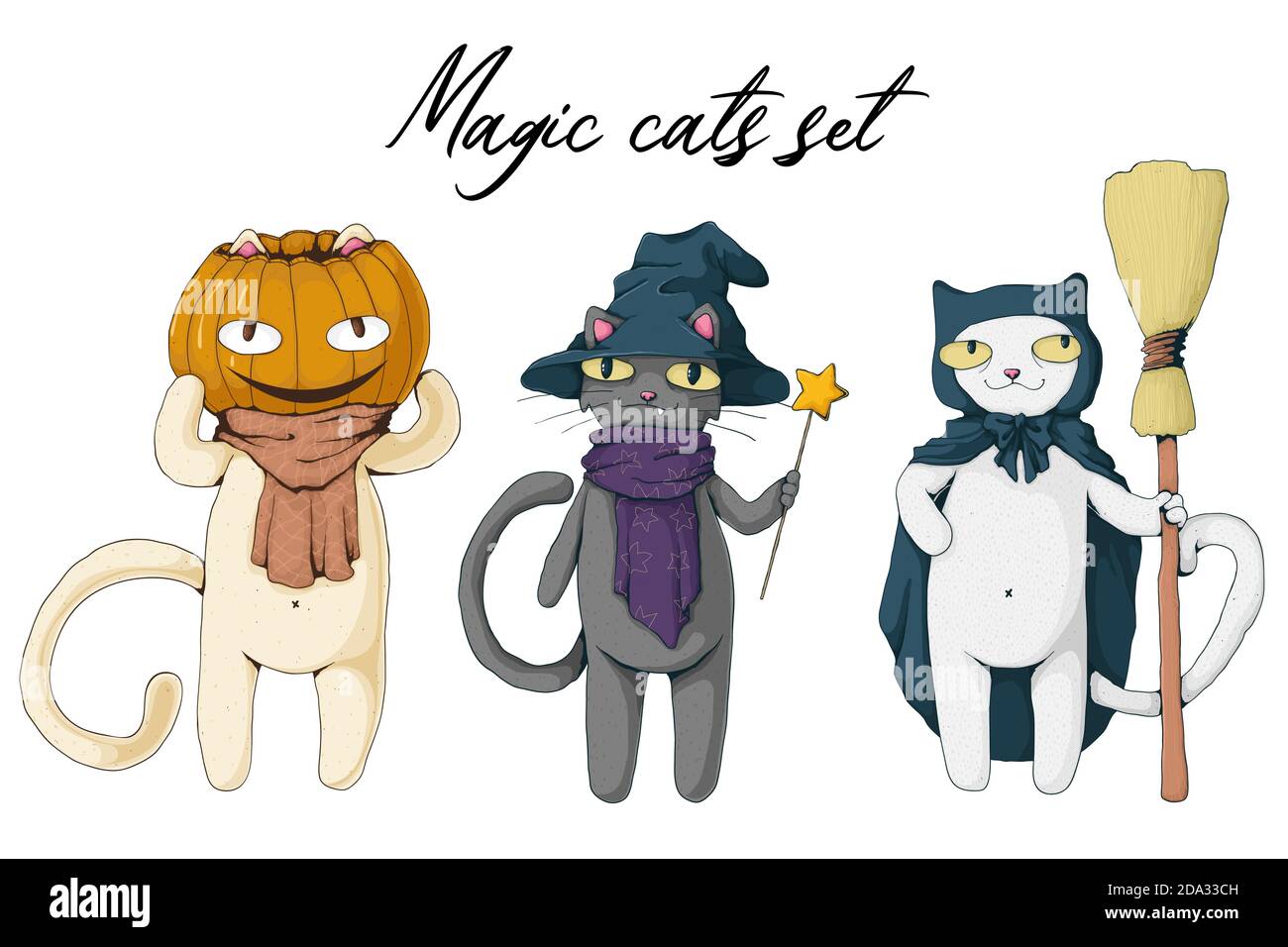Colección de blanco y negro gato mágico con sombrero de bruja, calabaza y escoba. Juego de personajes de Halloween. Ilustración de dibujos animados vectoriales. Mejor para imprimir, w Ilustración del Vector
