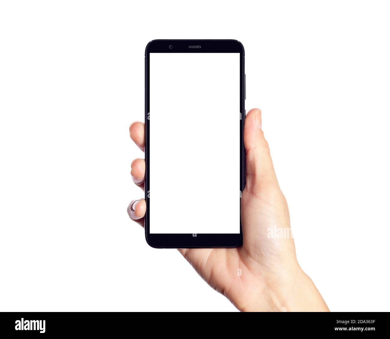 Sujete un smartphone en blanco con la mano sobre un fondo blanco Foto de stock