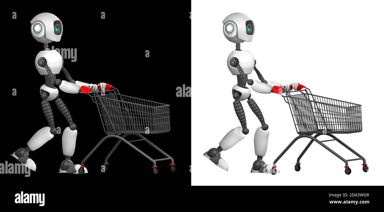 Un robot humanoide con un carrito de compras. Aislado sobre fondo blanco y negro. Concepto futuro con robótica e inteligencia artificial. Renderi 3D Foto de stock