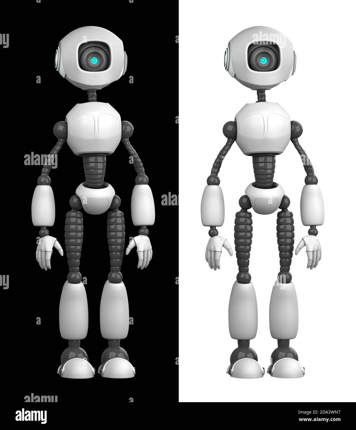 Un robot humanoide aislado sobre fondo blanco y negro. Concepto futuro con robótica e inteligencia artificial. Renderizado en 3D Foto de stock