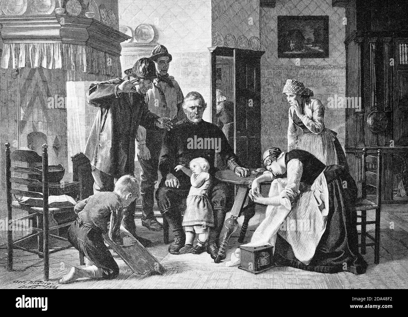 Esperanza destruida, mensajero trae malas noticias a la familia / zerstörte Hoffnung, Bote bringt der Familie eine schlechte Nachricht, Historisch, histórica, digital reproducción mejorada de un original del siglo 19 / digitale Reproduktion einer Originalvorlage aus dem 19. Jahrhundert Foto de stock