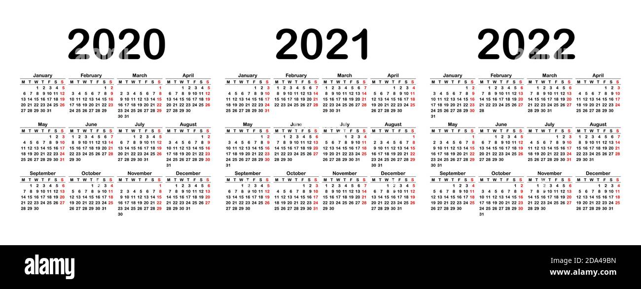 Calendario 2020, 2021 y 2022 plantilla. Semana Inicio Lunes. Diseño de  calendario en blanco y negro, vacaciones en rojo. Vector Imagen Vector de  stock - Alamy