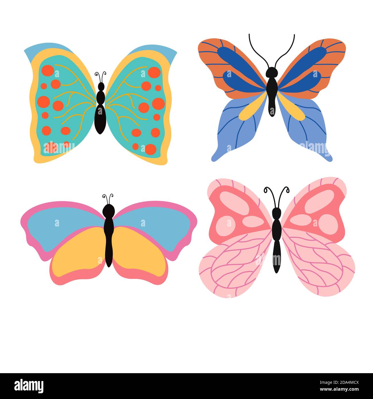 Conjunto de hermosas mariposas tropicales brillantes sobre un fondo blanco,  en los gráficos vectoriales. Para el diseño de postales, pósteres, portadas  de cuaderno Imagen Vector de stock - Alamy