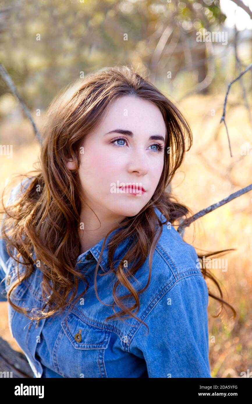 Hermosa mujer joven con el pelo marrón dorado, ojos azules, y la piel clara con vestido azul de denim mirando tranquilamente lejos del espectador Foto de stock