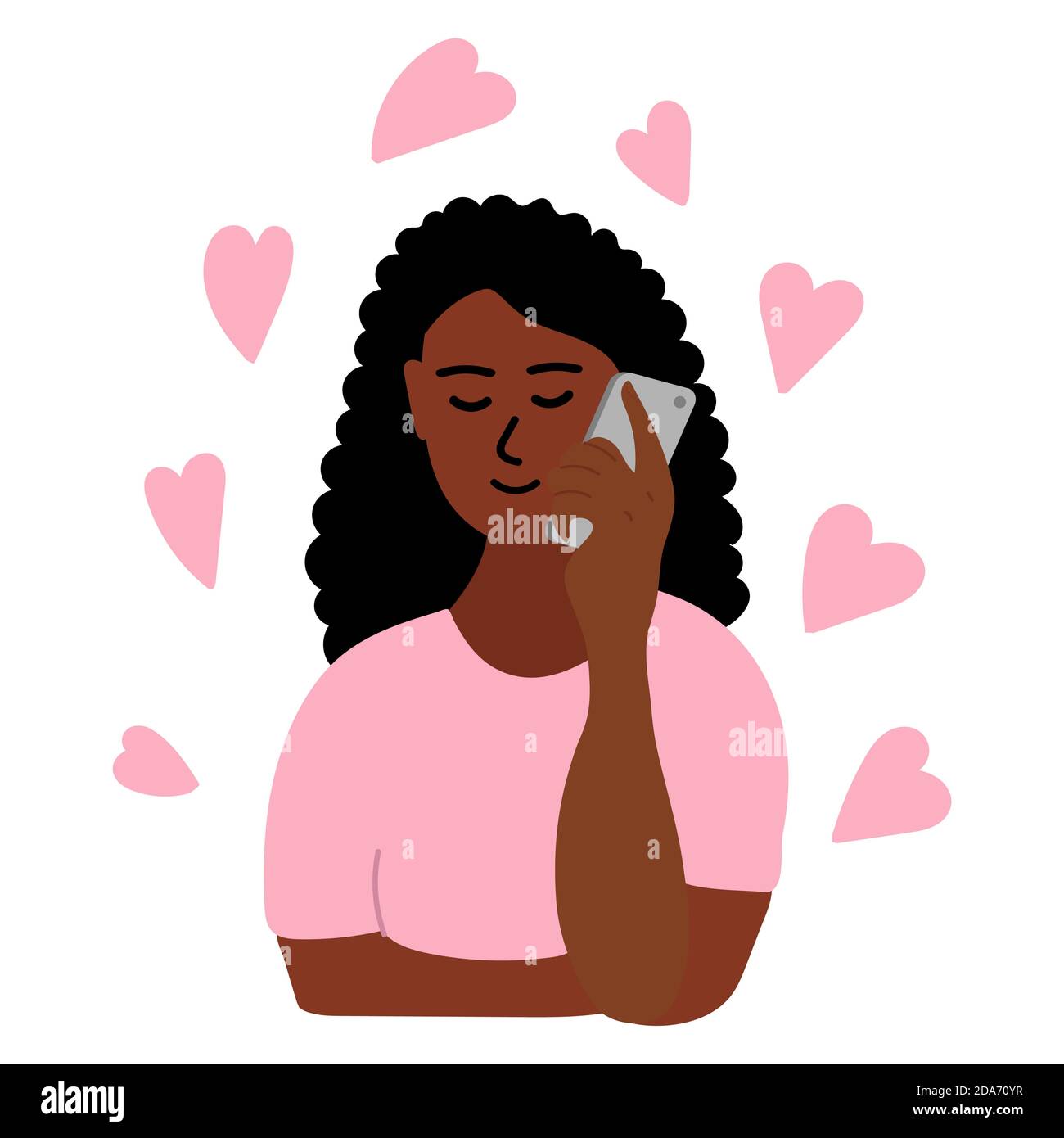 Chica africana de la mano hablando por teléfono. La mujer de piel negra de morena sostiene el smartphone con su mano. Hay muchos corazones rosados a su alrededor Ilustración del Vector