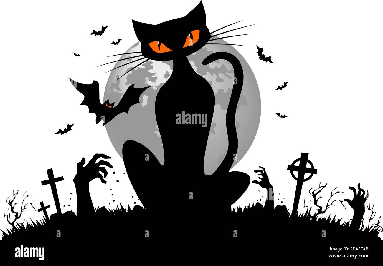 Gato negro contra el fondo de una luna llena con murciélagos y cementerio con manos zombi. Elementos de Halloween para la decoración del volante, invitación, gre Ilustración del Vector