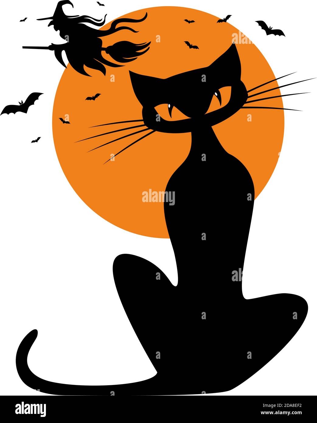 Gato negro contra el fondo de una luna naranja llena con una bruja volando en un palo de escoba. Elementos de Halloween para la decoración del volante, invitación, gr Ilustración del Vector