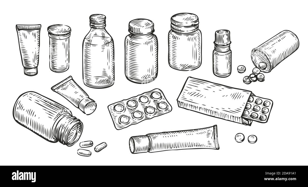Boceto de medicinas, píldoras y botellas. Medicina, concepto de farmacia Vintage vector ilustración Ilustración del Vector