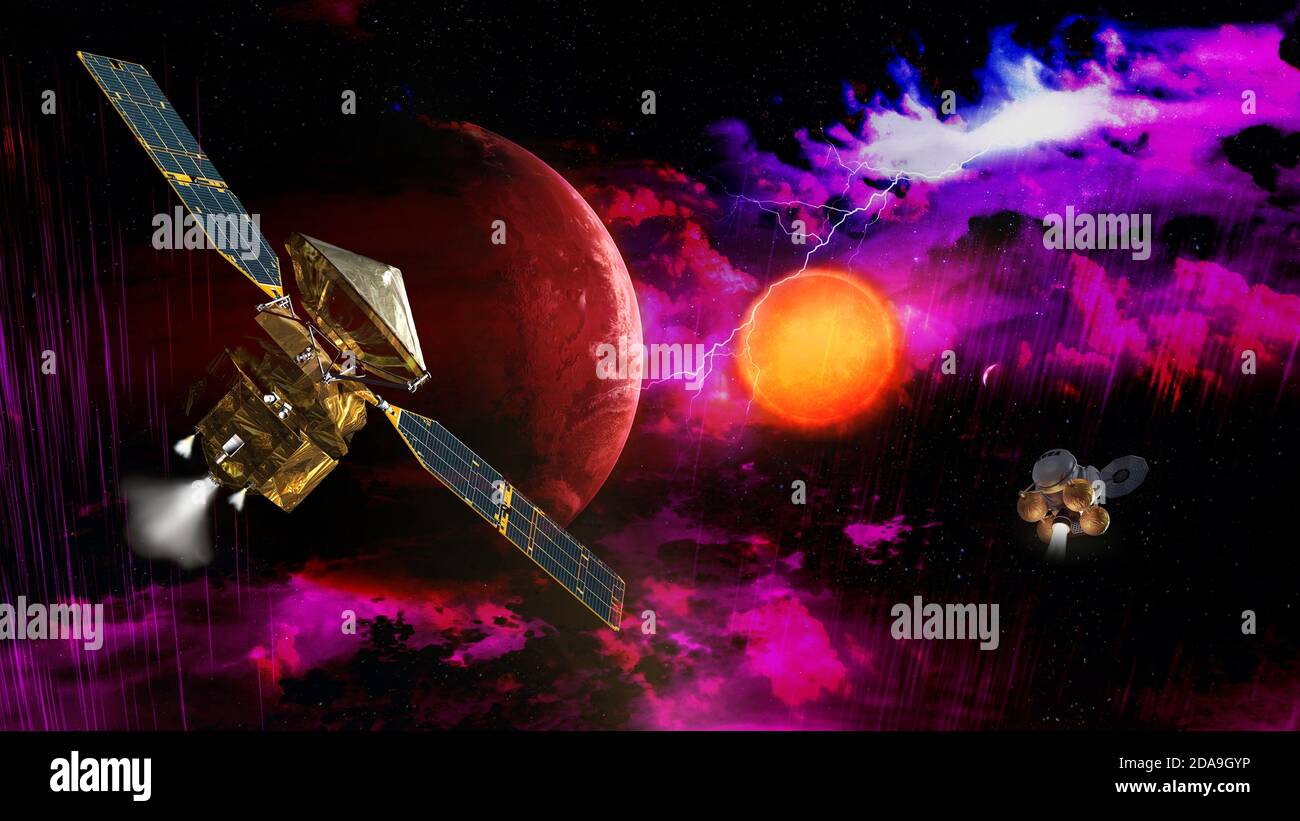 Planeta alienígena y naves espaciales. Exploración espacial. Elementos de esta imagen proporcionados por la NASA. Foto de stock