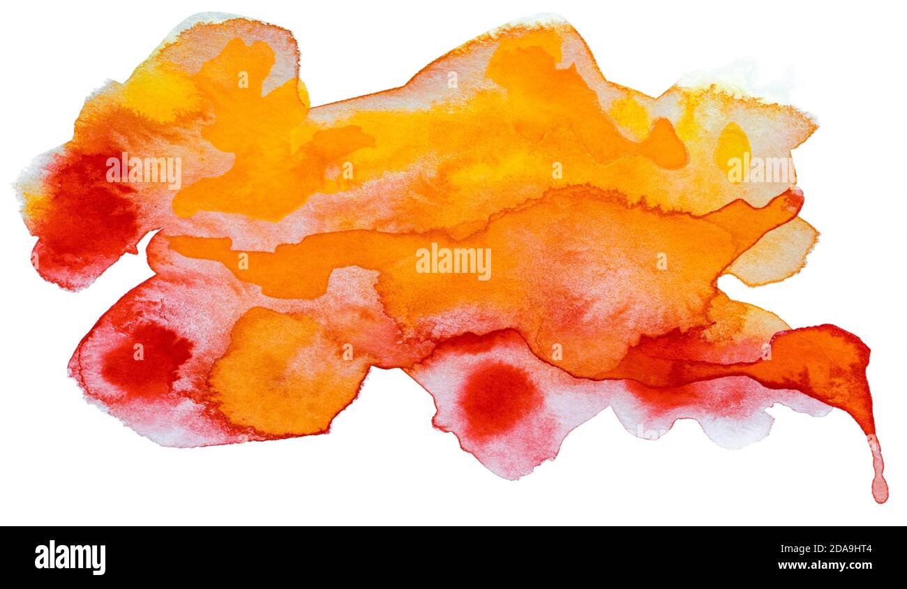Textura rojo, naranja y amarillo acuarela pincel trazo marco de punto, dibujo a mano ilustración aislada sobre fondo blanco Foto de stock