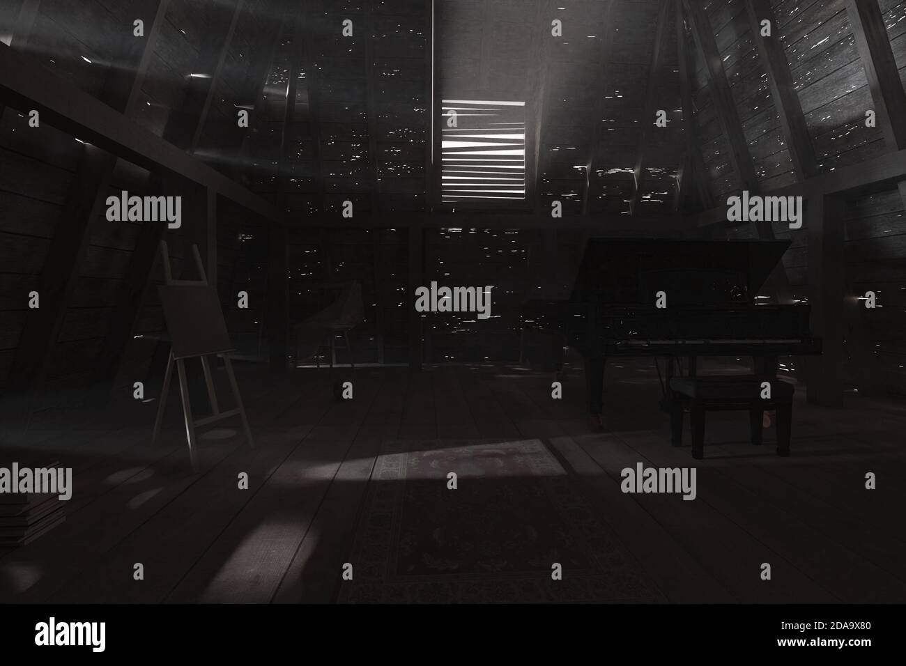 presentación 3d de ático vacío oscuro con piano negro y. rayos de luz brillante Foto de stock
