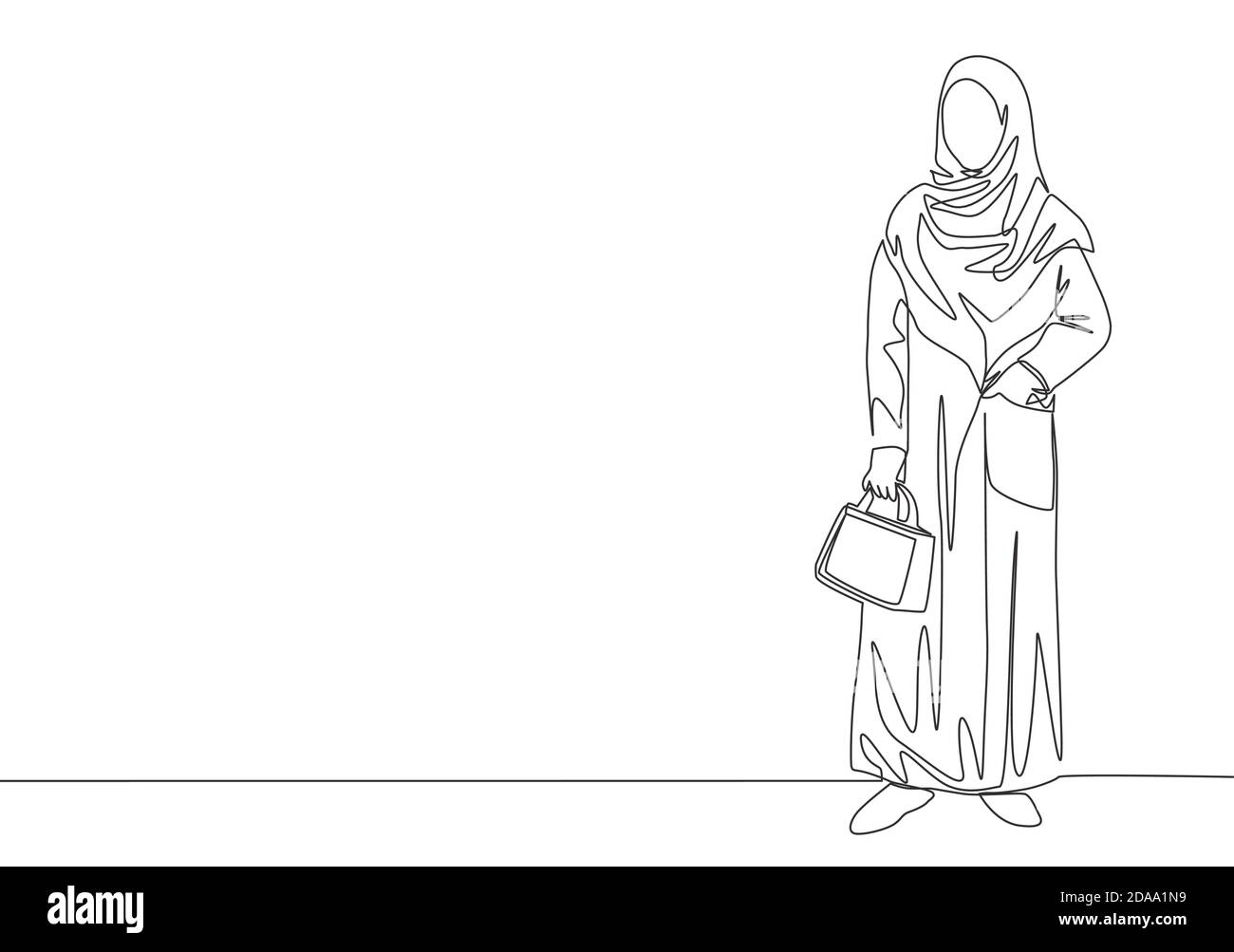 Un dibujo de línea continua de joven bastante müslümah en la tela árabe  tradicional que lleva bolsa de pocker. Belleza Asia modelo mujer en moda  hijab c Imagen Vector de stock -