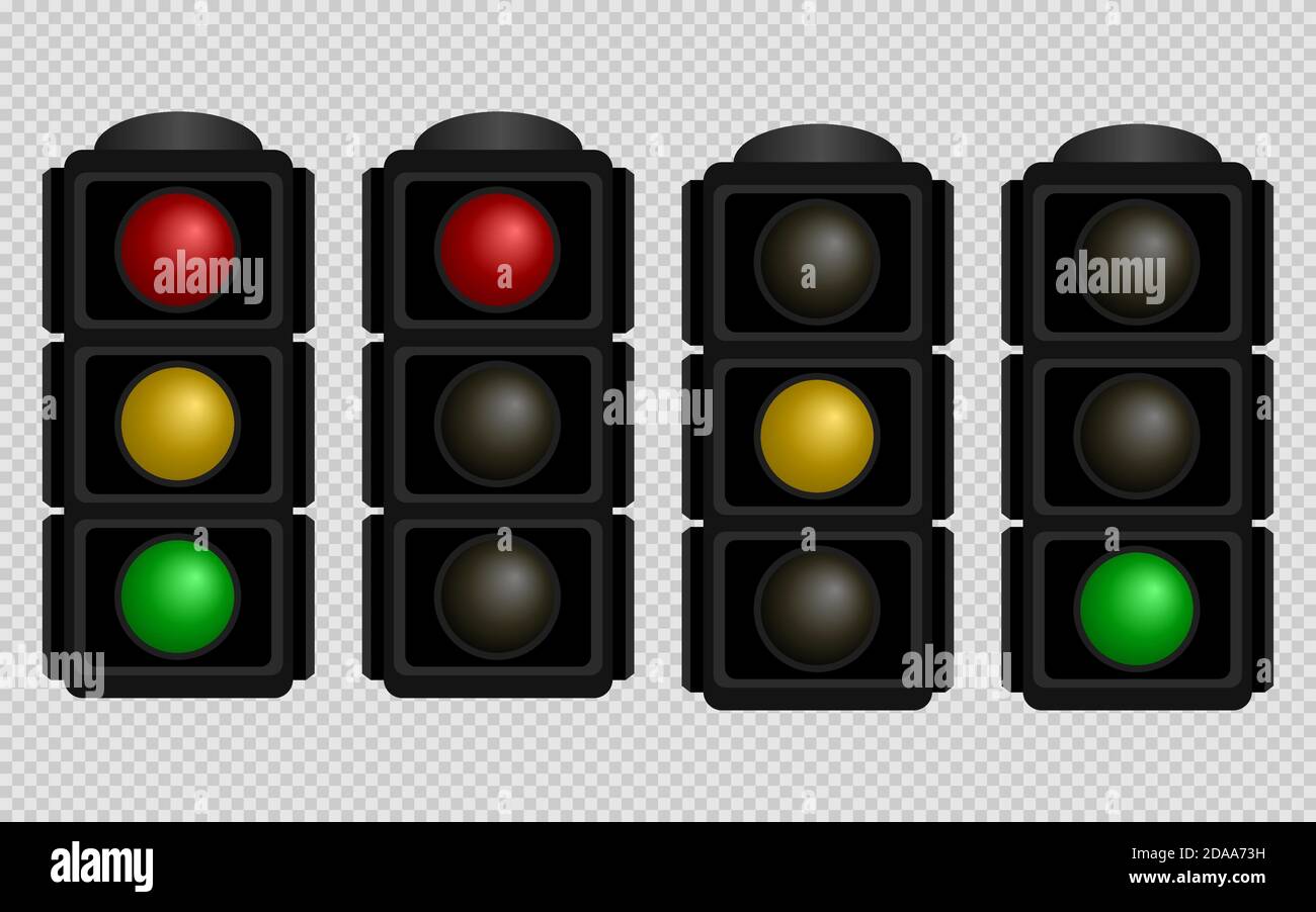 Semáforo. Conjunto de semáforos de color rojo, amarillo y verde sobre fondo transparente. Ilustración vectorial aislada. EPS 10 Ilustración del Vector