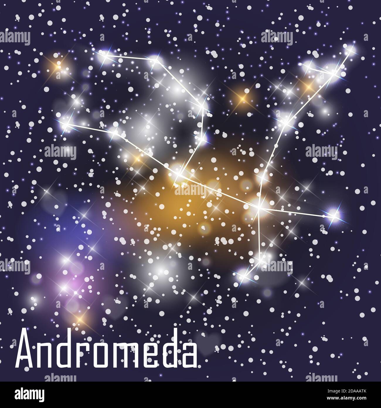 Andrómeda Constelación con hermosas estrellas brillantes sobre el fondo del cielo cósmico Ilustración. Foto de stock