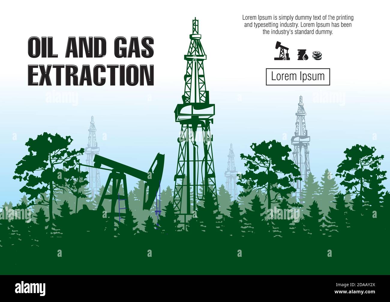 Producción de petróleo y gas, perforación de plataformas contra el fondo del bosque Ilustración del Vector