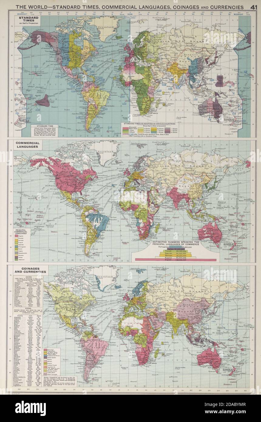 World Standard Times, idiomas comerciales, coinages y monedas 1927 mapa antiguo Foto de stock